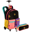 Kit Mochila Carrinho Externo e Estojo 2 Compartimentos Capricho Contrast - Preto com Rosa