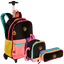 Kit Mochila Carrinho Externo mais Lancheira Grande e Estojo 2 Compartimentos Capricho Contrast - Preto e Rosa