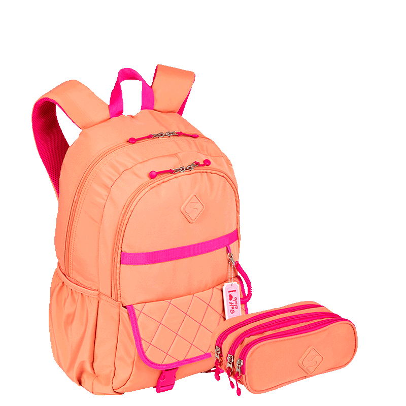 Kit  Mochila 2 Compartimentos e Estojo 3 Compartimentos Sestini Lover - Coral