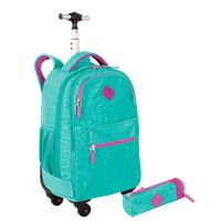 Kit  Mochila Carrinho 4 Rodas Sestini Rolling e Estojo com Bolso Azul - Turquesa