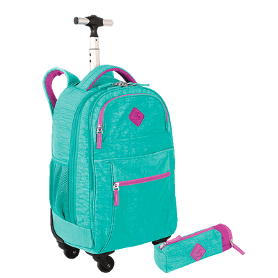Kit  Mochila Carrinho 4 Rodas Sestini Rolling e Estojo com Bolso Azul - Turquesa