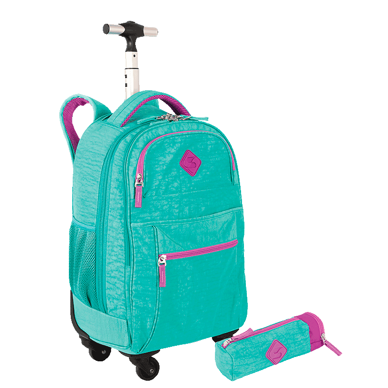 Kit  Mochila Carrinho 4 Rodas Sestini Rolling e Estojo com Bolso Azul - Turquesa