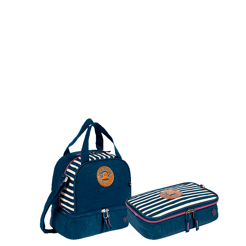 Kit Lancheira 2 Compartimentos e Estojo Box Especial Paul Frank World Azul - Marinho