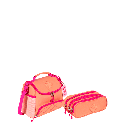Kit  Lancheira C Bolso Frontal e Estojo 3 Compartimentos Sestini Lover - Coral