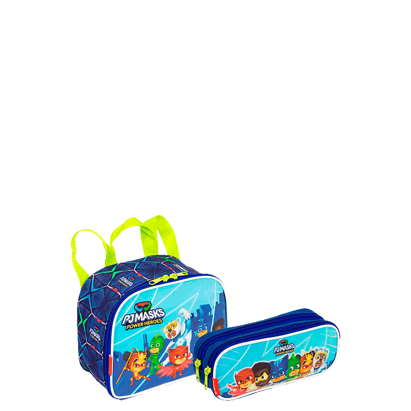 Kit  Lancheira Pequena e Estojo 2 Compartimentos Pj Masks M Power Heroes - Colorido