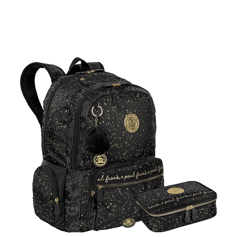 Kit  Mochila 2 Compartimentos e Estojo Box Especial Paul Frank Styles - Preto com Amarelo
