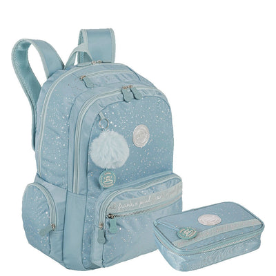 Kit  Mochila 2 Compartimentos e Estojo Box Especial Paul Frank Styles - Turquesa