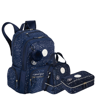 Kit  Mochila 2 Compartimentos mais Lancheira 2 Compartimentos e Estojo Box Especial Paul Frank Styles - Azul