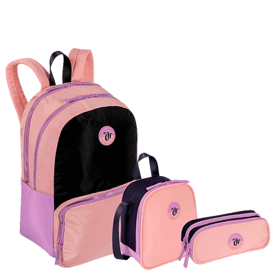 Kit  Mochila 2 Compartimentos mais Lancheira Grande e Estojo 2 Compartimentos Capricho Block - Coral
