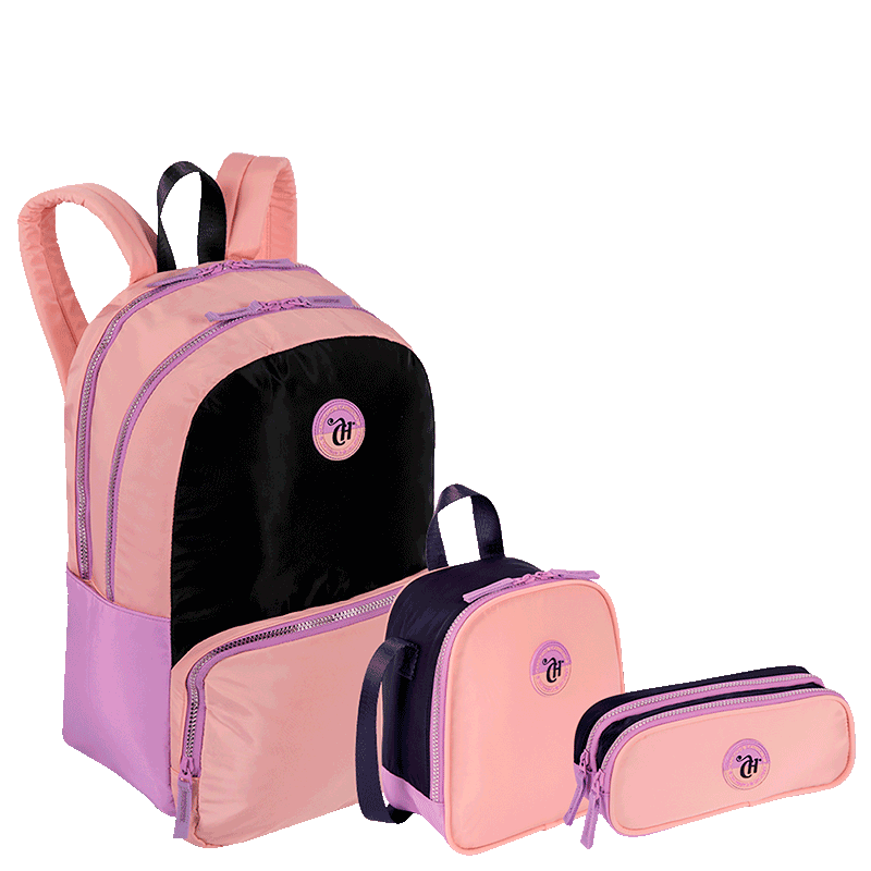 Kit  Mochila 2 Compartimentos mais Lancheira Grande e Estojo 2 Compartimentos Capricho Block - Coral