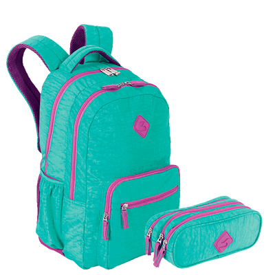 Kit  Mochila 2 Compartimentos Sestini College e Estojo 3 Compartimentos Sestini Crinkle Azul - Turquesa