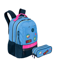 Kit  Mochila 2 Compartimentos e Estojo 2 Compartimentos Paul Frank Casual - Azul