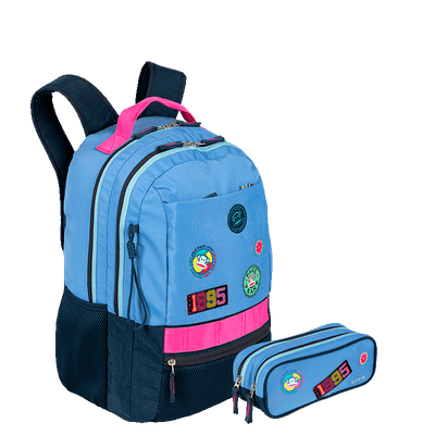 Kit  Mochila 2 Compartimentos e Estojo 2 Compartimentos Paul Frank Casual - Azul