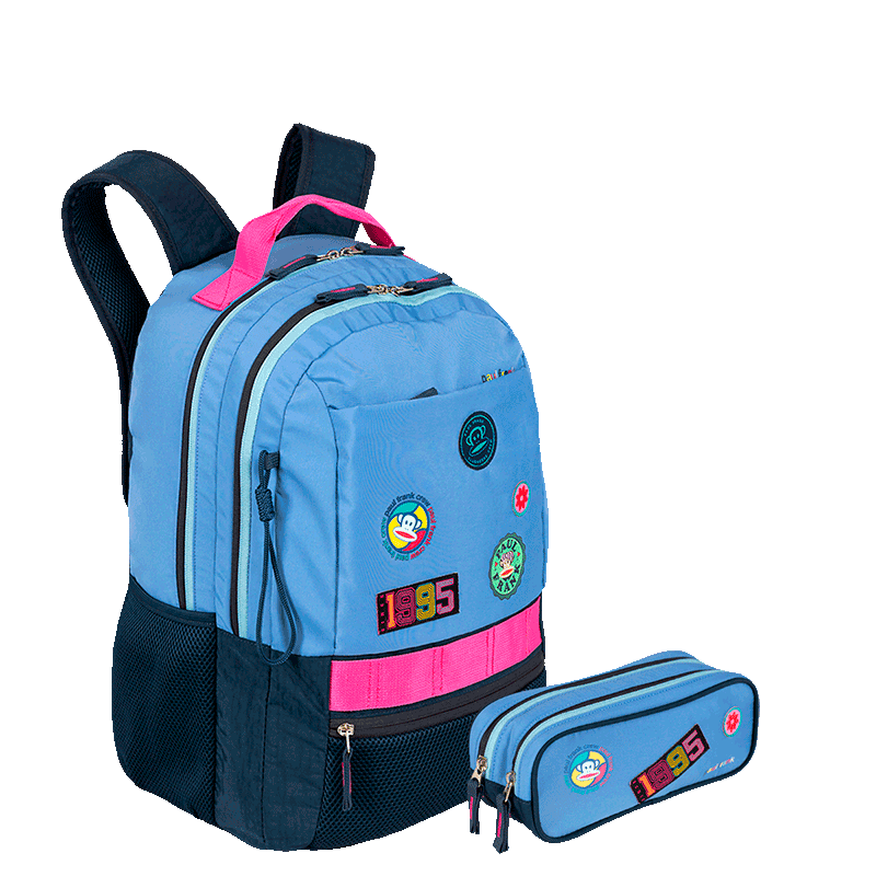 Kit  Mochila 2 Compartimentos e Estojo 2 Compartimentos Paul Frank Casual - Azul