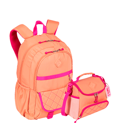 Kit  Mochila 2 Compartimentos e Lancheira com Bolso Frontal Sestini Lover - Coral
