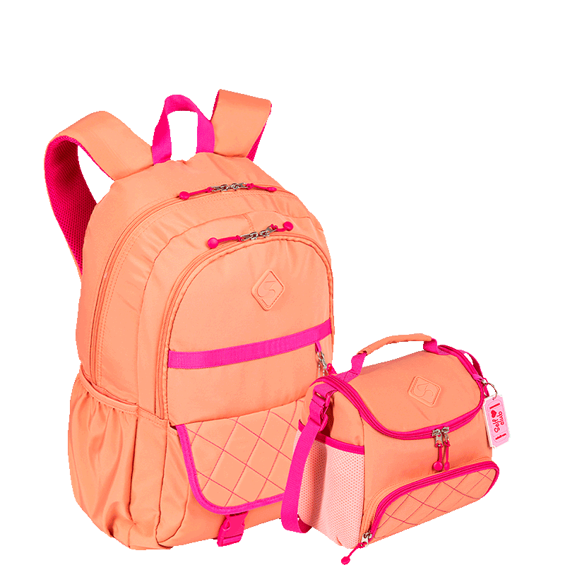 Kit  Mochila 2 Compartimentos e Lancheira com Bolso Frontal Sestini Lover - Coral