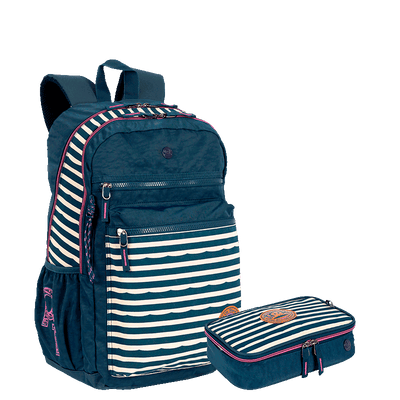 Kit Mochila 2 Compartimentos e Estojo Box Especial Paul Frank World - Azul Marinho