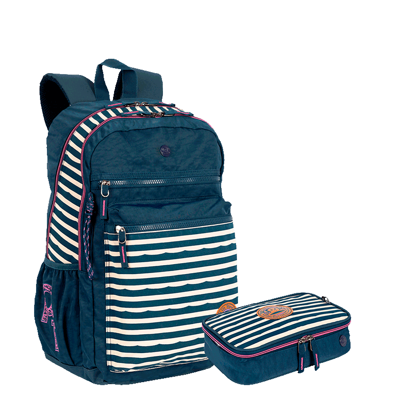 Kit Mochila 2 Compartimentos e Estojo Box Especial Paul Frank World - Azul Marinho