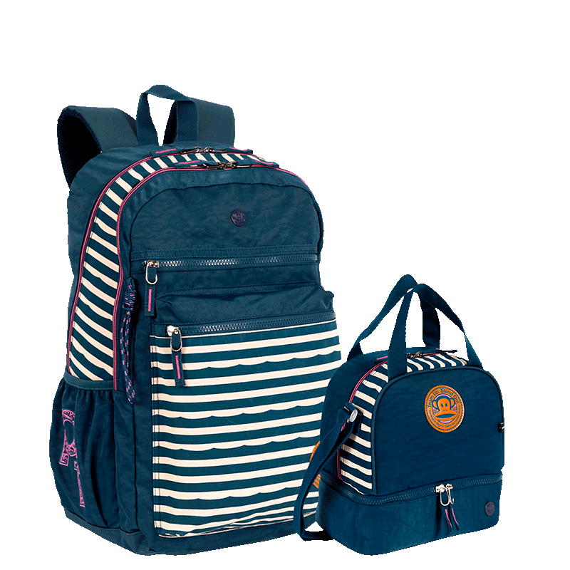Kit  Mochila 2 Compartimentos e Lancheira 2 Compartimentos Paul Frank World - Azul Marinho