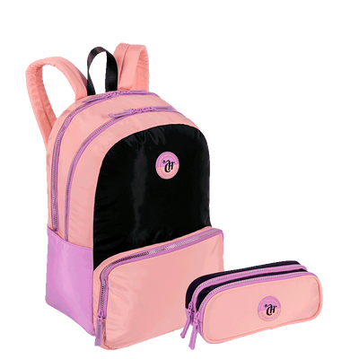 Kit  Mochila 2 Compartimentos e Estojo 2 Compartimentos Capricho Block - Coral