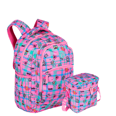 Kit  Mochila Grande 2 Compartimentos e Lancheira Grande Capricho Student - Rosa Claro