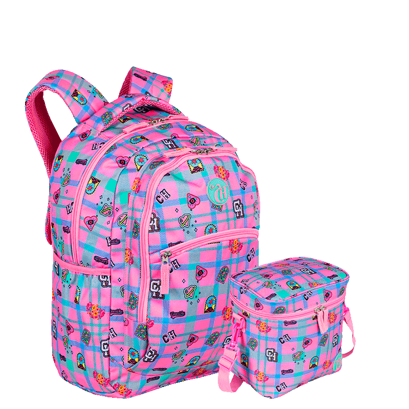 Kit  Mochila Grande 2 Compartimentos e Lancheira Grande Capricho Student - Rosa Claro