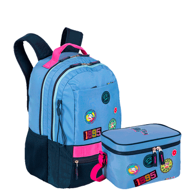 Kit  Mochila 2 Compartimentos e Lancheira Grande Paul Frank Casual - Azul