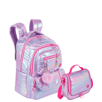 Kit  Mochila 2 Compartimentos e Lancheira Grande Sestini Wonder Lilás - Metálico
