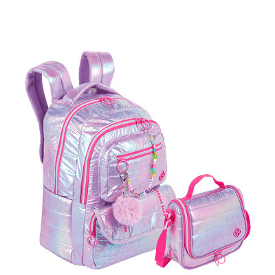 Kit  Mochila 2 Compartimentos e Lancheira Grande Sestini Wonder Lilás - Metálico