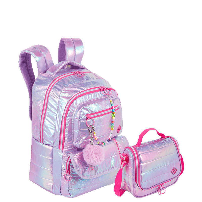 Kit  Mochila 2 Compartimentos e Lancheira Grande Sestini Wonder Lilás - Metálico
