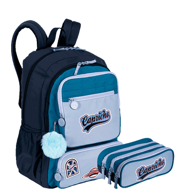 Kit  Mochila 2 Compartimentos Grande e Lancheira 2 Compartimentos Capricho Class - Azul