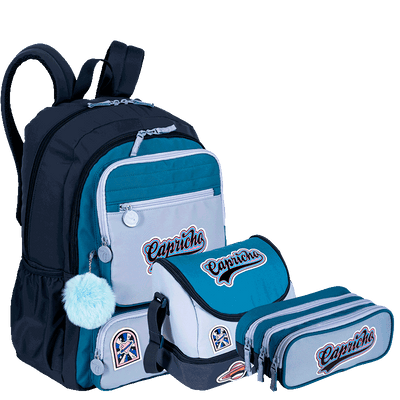 Kit  Mochila 2 Compartimentos Grande mais Lancheira 2 Compartimentos e Estojo 3 Compartimentos Capricho Class - Azul
