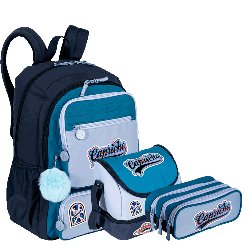 Kit  Mochila 2 Compartimentos Grande mais Lancheira 2 Compartimentos e Estojo 3 Compartimentos Capricho Class - Azul