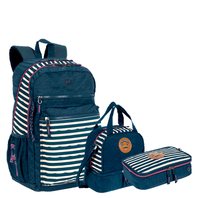 Kit  Mochila 2 Compartimentos mais Lancheira 2 Compartimentos e Estojo Box Especial Paul Frank World - Azul Marinho