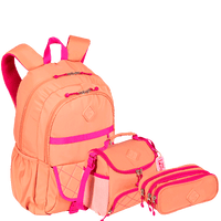 Kit  Mochila 2 Compartimentos mais Lancheira com Bolso Frontal e Estojo 3 Compartimentos Sestini Lover - Coral