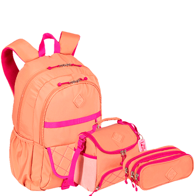 Kit  Mochila 2 Compartimentos mais Lancheira com Bolso Frontal e Estojo 3 Compartimentos Sestini Lover - Coral
