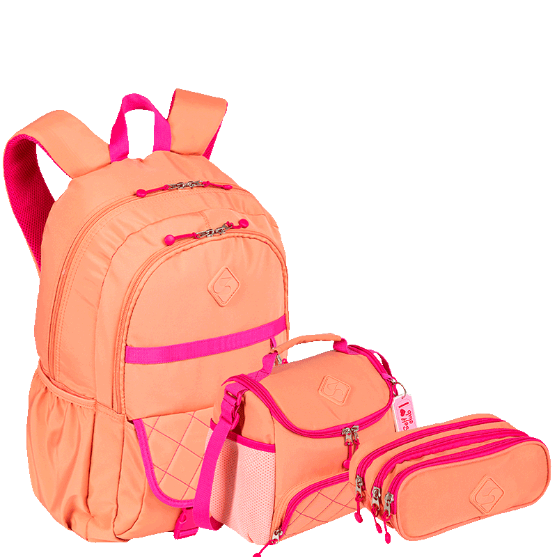 Kit  Mochila 2 Compartimentos mais Lancheira com Bolso Frontal e Estojo 3 Compartimentos Sestini Lover - Coral