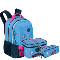 Kit  Mochila 2 Compartimentos mais Lancheira Grande e Estojo 2 Compartimentos Paul Frank Casual - Azul