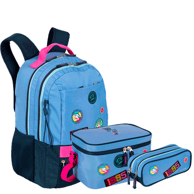 Kit  Mochila 2 Compartimentos mais Lancheira Grande e Estojo 2 Compartimentos Paul Frank Casual - Azul