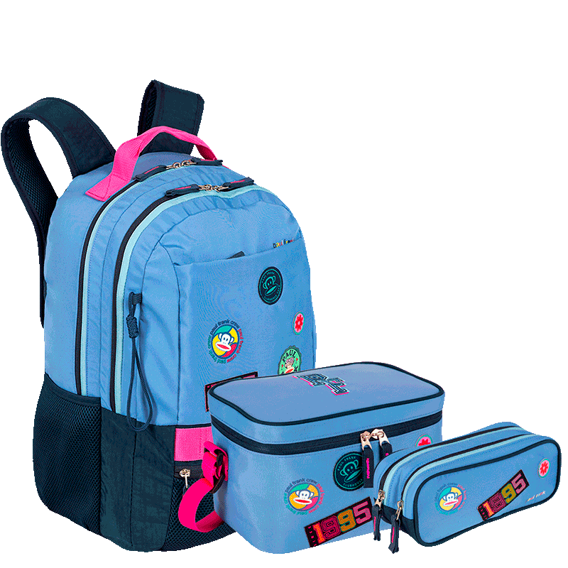 Kit  Mochila 2 Compartimentos mais Lancheira Grande e Estojo 2 Compartimentos Paul Frank Casual - Azul