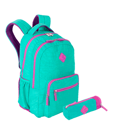 Kit  Mochila 2 Compartimentos Sestini Magic e Estojo com Bolso Sestini Crinkle Azul - Turquesa