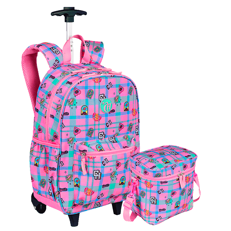 Kit  Mochila Carrinho Externo e Lancheira Grande Capricho Student - Rosa Claro
