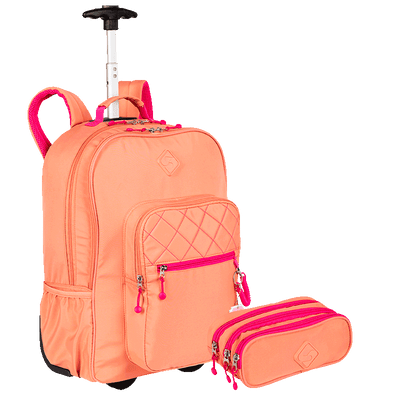 Kit  Mochila Carrinho 2 Compartimentos e Estojo 3 Compartimentos Sestini Lover - Coral