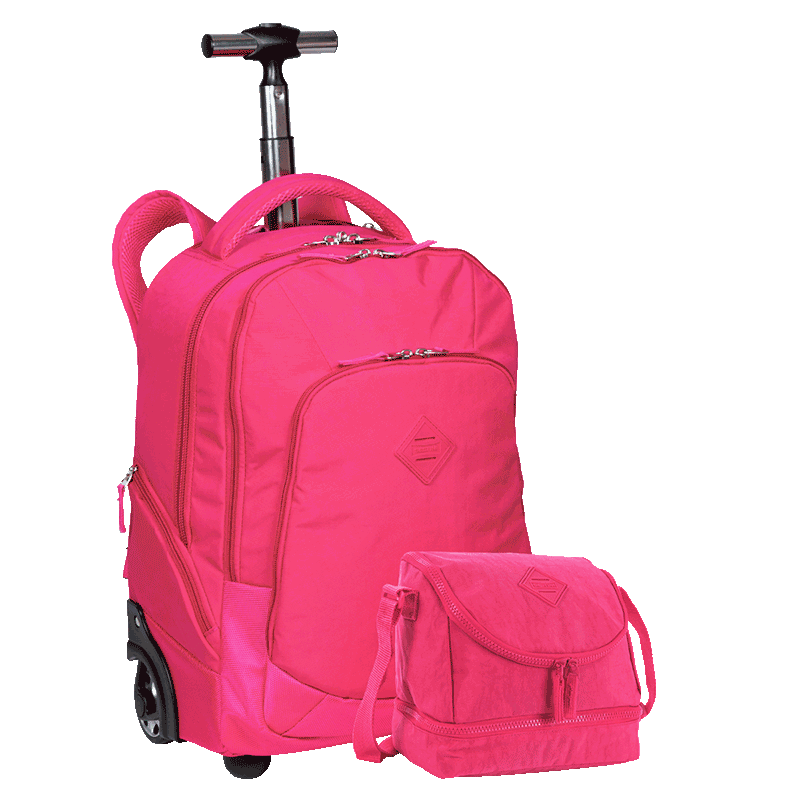 Kit Mochila Carrinho 2 Compartimentos e Lancheira 2 Compartimentos Sestini Crinkle Rosa - Pink