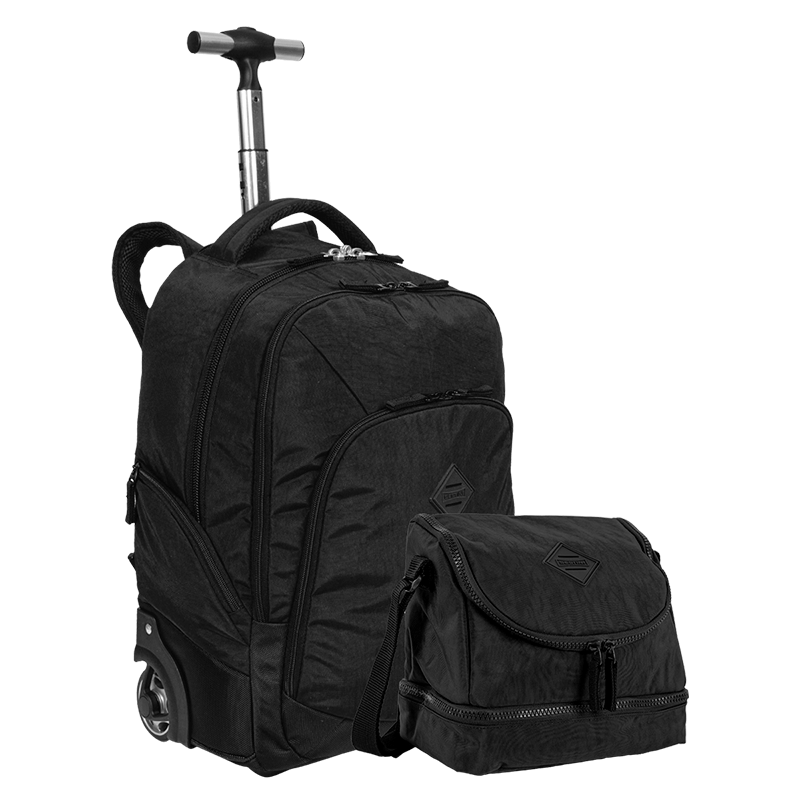 Kit Mochila Carrinho 2 Compartimentos e Lancheira 2 Compartimentos Sestini Crinkle - Preto