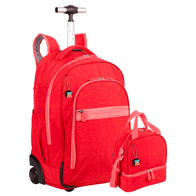 Kit  Mochila Carrinho 2 Compartimentos e Lancheira 2 Compartimentos Paul Frank T03 - Cereja