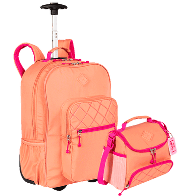Kit  Mochila Carrinho 2 Compartimentos e Lancheira com Bolso Frontal Sestini Lover - Coral