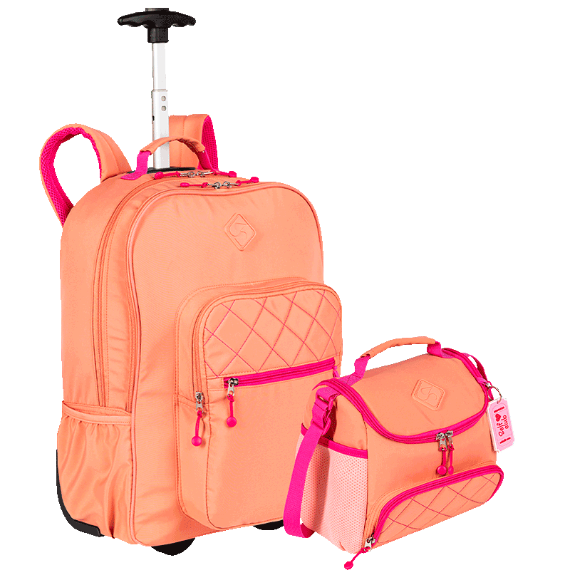 Kit  Mochila Carrinho 2 Compartimentos e Lancheira com Bolso Frontal Sestini Lover - Coral