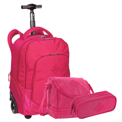 Kit Mochila Carrinho 2 Compartimentos mais Lancheira 2 Compartimentos e Estojo 2 Compartimentos Sestini Crinkle Rosa - Pink