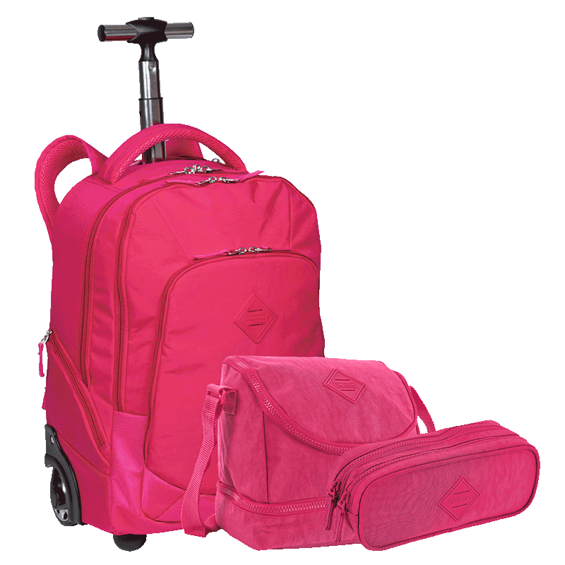 Kit Mochila Carrinho 2 Compartimentos mais Lancheira 2 Compartimentos e Estojo 2 Compartimentos Sestini Crinkle Rosa - Pink